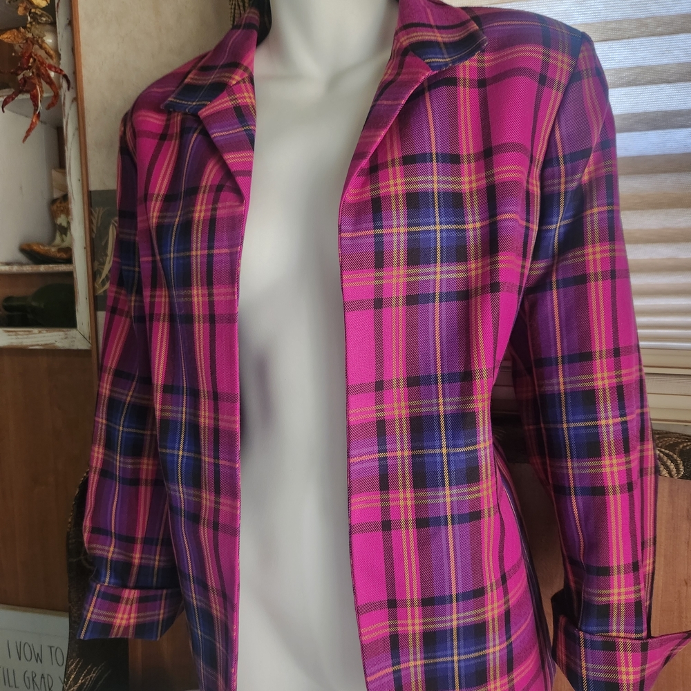 ​Kasper Petite 14P Pink Plaid Open Front Blazer | Academia Career Jacket